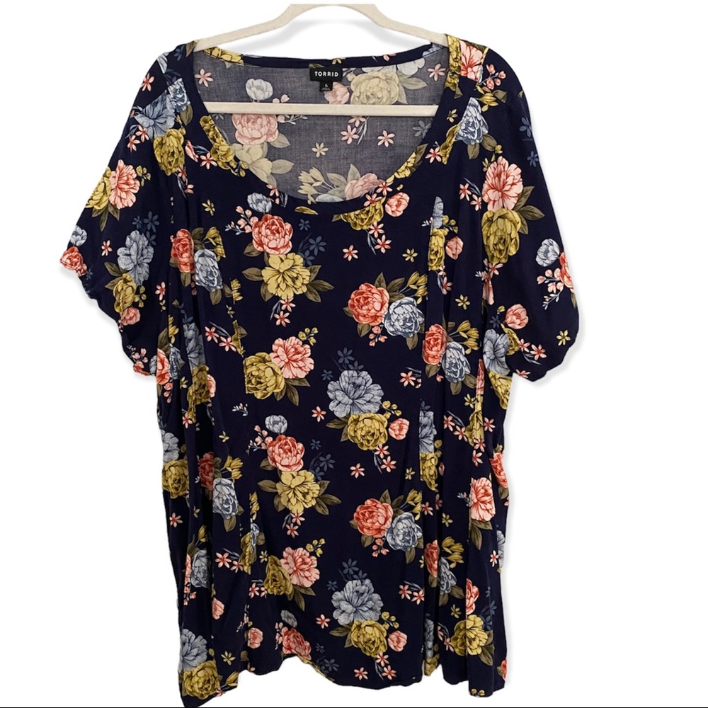 Torrid Navy Floral Challis Fit & Flare Short Sleeve Blouse